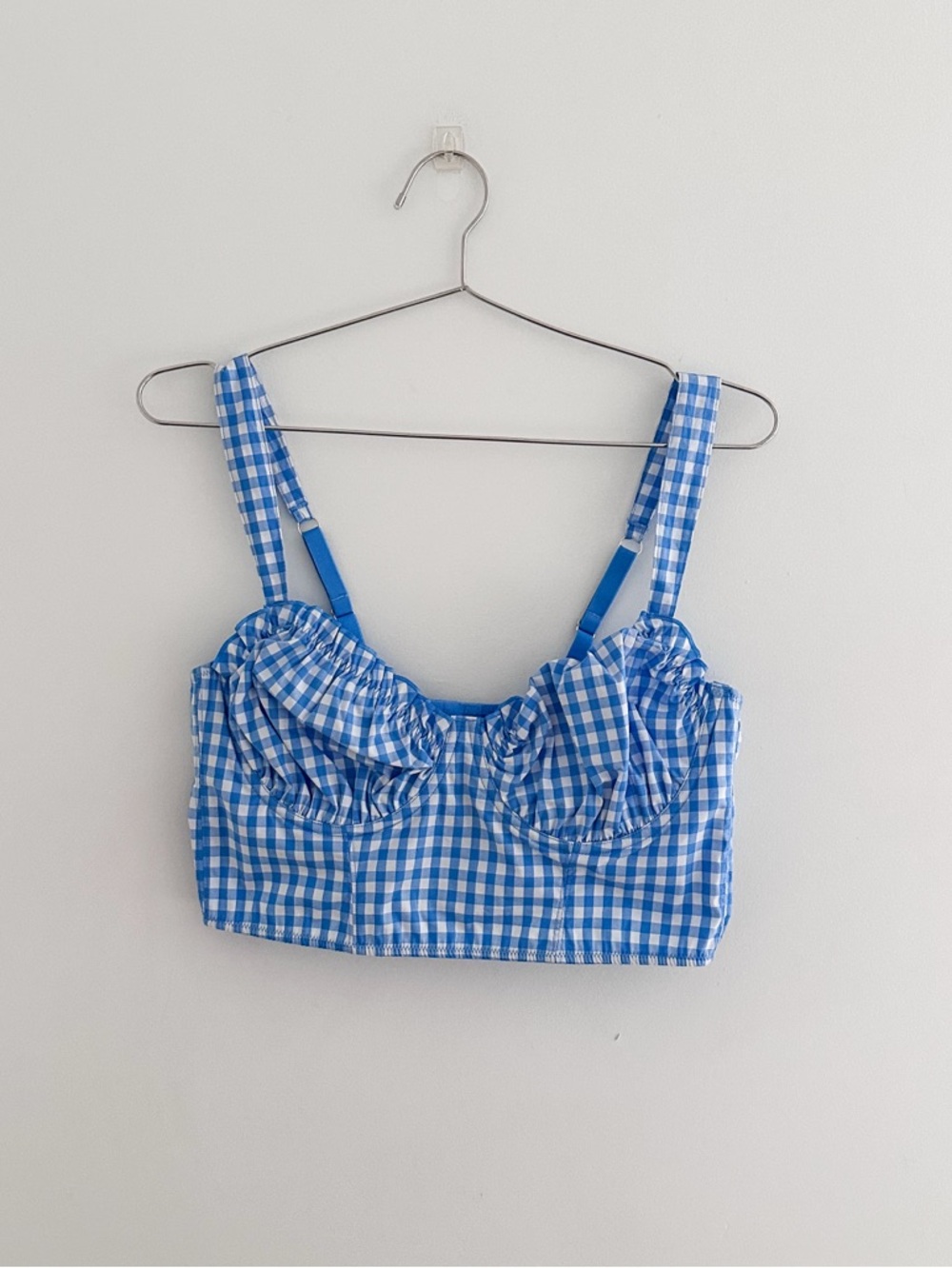 Colsie Blue Gingham Woven Cotton Bra Crop Top | Underwire | Ruffle Bust | Size L